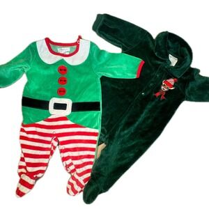 Baby Christmas Outfit Set 3–6M Elf Romper + Vintage 1999 Rudolph Velour Sleeper